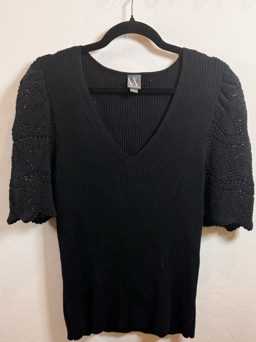 Worthington Black Ribbed V‑Neck Dress with Crochet Puff Sleeves